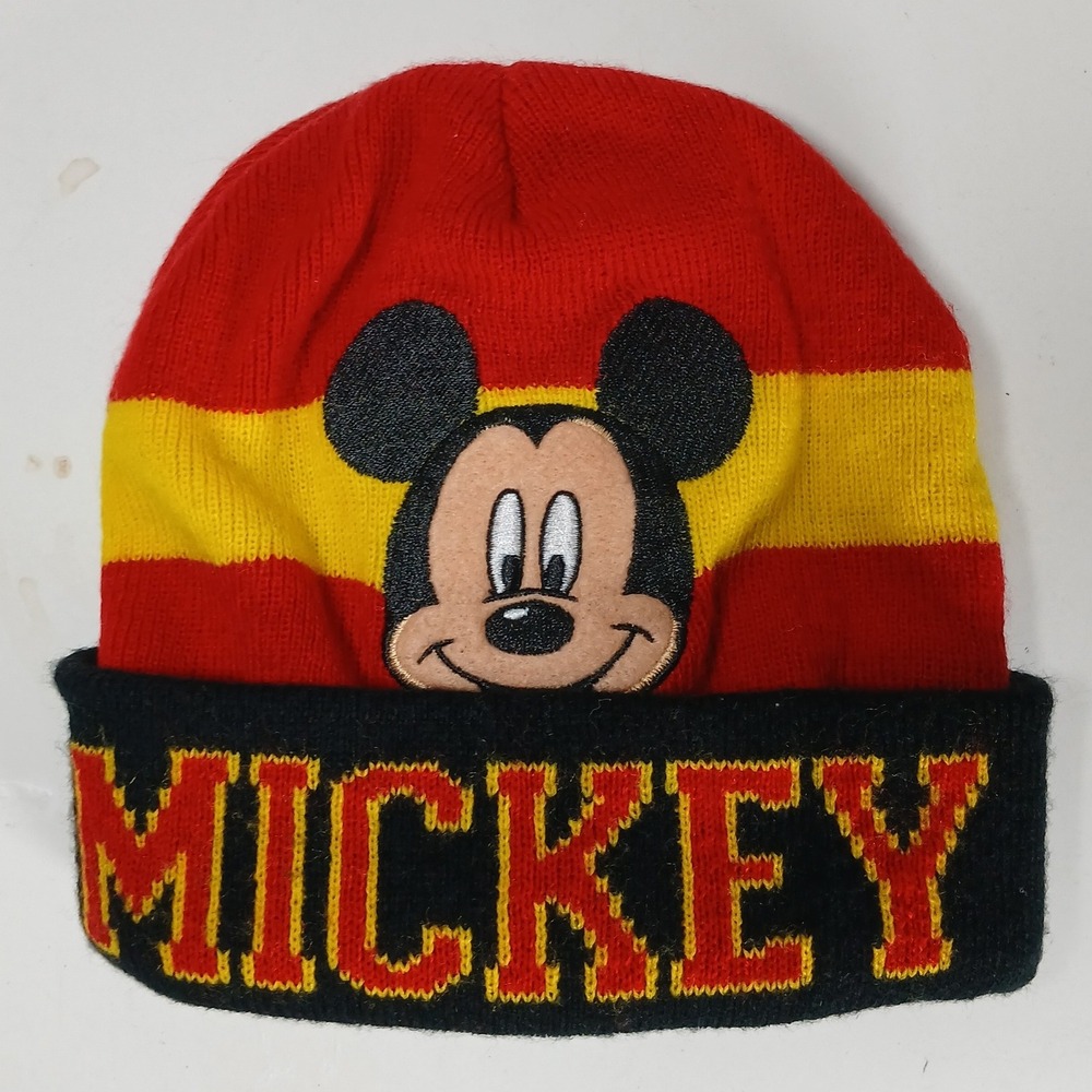Disney Mickey Mouse Beanie Boys OSFM Red Yellow Striped Knit Hat Mickey Patch